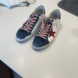 Golden Goose Navy Blue White Sneakers with Red Star and Pink Laces (Never worn)